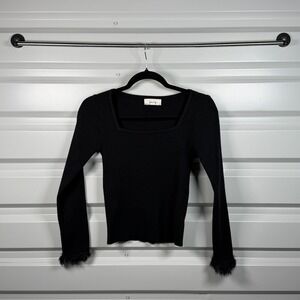 Sadie & Sage Womens Black Ribbed Square Neck Top Faux Fur Trim Cuffs PE3476DG S